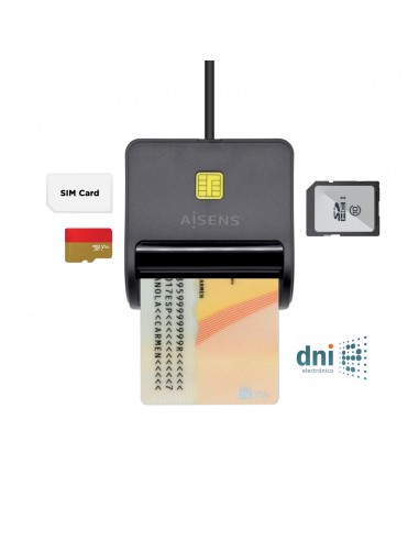 Aisens Lector de Tarjeta Inteligente DNI con Lector de Tarjetas SIM - SD - Micro SD - MMC - RS-MMC - MMC Micro - Color Negro
