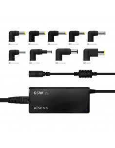 Aisens Cargador 65W Automatico Universal Multitension para Portatil con 9 Conectores-USB-A QC.3.0 - Color Negro