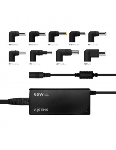 Aisens Cargador 65W Automatico Universal Multitension para Portatil con 9 Conectores-USB-A QC.3.0 - Color Negro