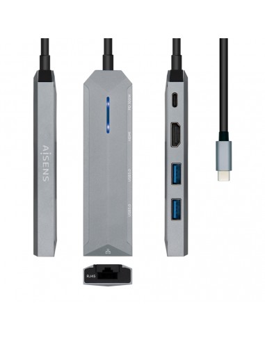 Aisens USB-C Dock 5 en 1 - USB-C a 1xHDMI - 1xRJ45 - 2xUSB - 1xPD - 15cm - Color Gris