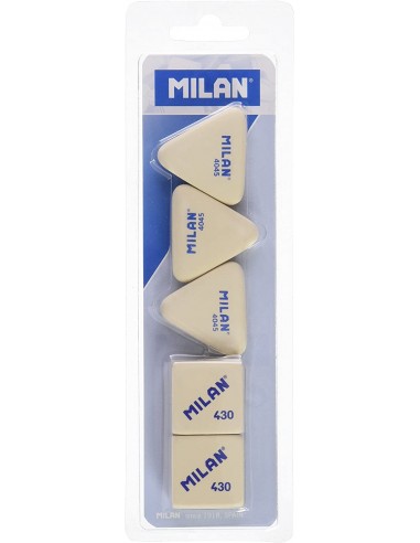 Milan Pack de 5 Gomas de Borrar-3x Gomas 4045 Nata Triangulares-2xGomas 430 Cuadradas - Miga de pan - Caucho Suave