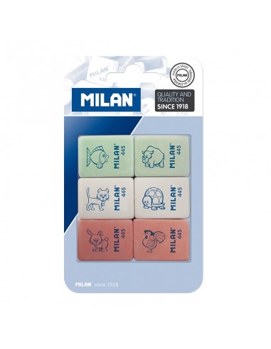 Milan 445 Pack de 6 Gomas de Borrar Rectangulares - Miga de Pan - Suave Caucho Sintetico - Dibujos Infantiles - Colores