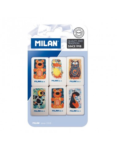 Milan 436A Pack de 6 Gomas de Borrar Rectangulares - Miga de Pan - Caucho Suave Sintetico - Dibujos Infantiles Surtidos -