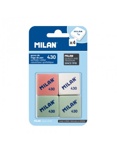 Milan 430 Pack de 4 Gomas de Borrar Cuadradas - Miga de Pan - Suave Caucho Sintetico - Colores Surtidos