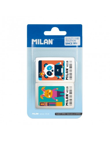Milan 4018 Pack de 2 Gomas de Borrar Rectangulares - Miga de Pan - Caucho Suave Sintetico - Dibujos Infantiles a Color