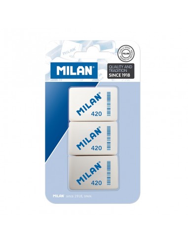 Milan 420 Pack de 3 Gomas de Borrar Rectangulares - Miga de Pan - Caucho Suave Sintetico - Colores Surtidos