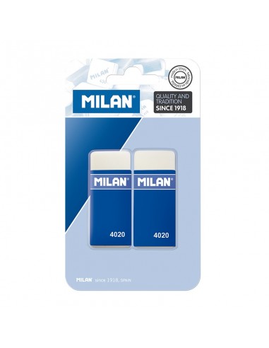 Milan 4020 Pack de 2 Gomas de Borrar Rectangulares - Miga de Pan - Suave Caucho Sintetico - Faja de Carton Azul - Color Blanco