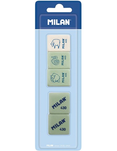 Milan Pack de 5 Gomas de Borrar-3xGomas 445 Nata Rectangulares-2xGomas 430 Cuadradas - Miga de pan - Caucho Suave