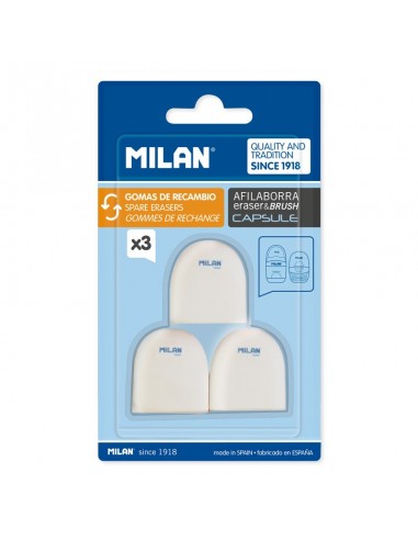 Milan Pack de 3 Gomas de Borrar de Recambio para Afilaborras CAPSULE - Miga de Pan - Suave - Caucho Sintetico - Color Blanco