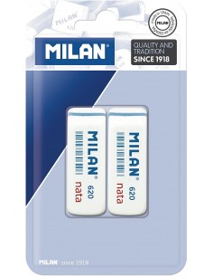 Milan Nata 620 Pack de 2 Gomas de Borrar Biseladas - Plastico - Suave - No Abrasiva - Color Blanco