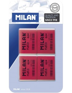 Milan Nata 624 Pack de 4 Gomas de Borrar Rectangulares - Plastico - Suave - No Abrasiva - Color Rojo Blanco