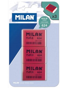 Milan Nata 624 Pack de 3 Gomas de Borrar Rectangulares - Plastico - Suave - No Abrasiva - Color Rojo Blanco