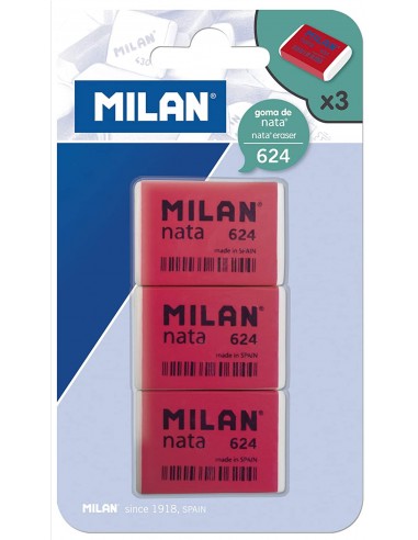 Milan Nata 624 Pack de 3 Gomas de Borrar Rectangulares - Plastico - Suave - No Abrasiva - Color Rojo Blanco