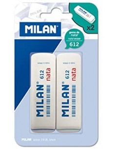 Milan Nata 612 Pack de 2 Gomas de Borrar Biseladas - Plastico - Suave - No Abrasiva - Color Blanco