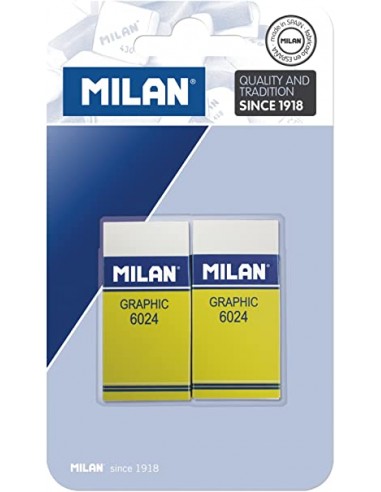 Milan Nata 6024 Graphic Pack de 2 Gomas de Borrar Rectangulares - Plastico - Faja de Carton Amarilla - No daña el Papel -
