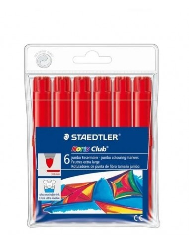Staedtler Noris Jumbo 340 Pack de 6 Rotuladores Jumbo - Punta de Fibra - Trazo 3mm - Tapa Ventilada - Color Rojo
