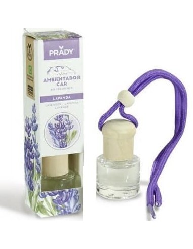 Prady Ambientador Coche Lavanda - Frasco de Cristal 6 ml y Cuerda para Espejo Retrovisor