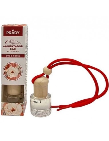Prady Ambientador Coche OUD & Rose - Frasco de Cristal 6 ml y Cuerda para Espejo Retrovisor