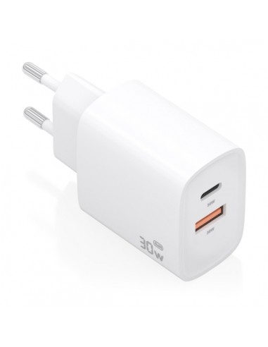 Aisens Cargador GaN 30W - USB-C PD3.0 - Tecnologia AI para Detectar Protocolo y Velocidad de Carga - Color Blanco