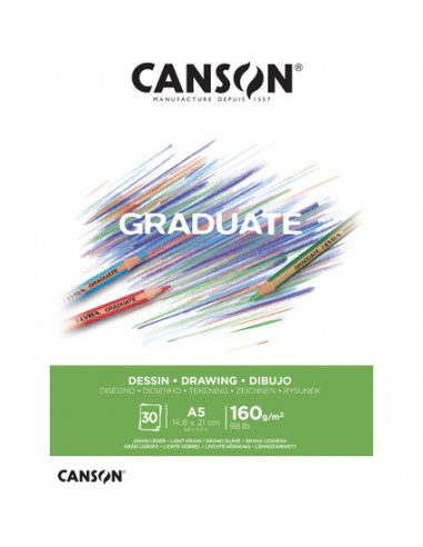 Canson Graduate Dibujo Bloc Encolado de 30 Hojas A5 - 160g - Grano Fino - Color Blanco Natural
