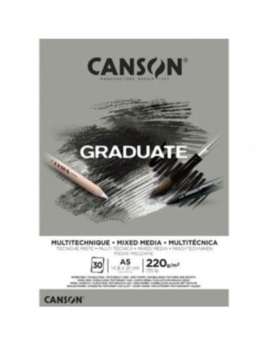 Canson Graduate Mix Media Bloc Encolado de 30 Hojas A5 - 220g - Grano Fino - Color Gris