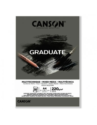 Canson Graduate Mix Media Bloc Encolado de 30 Hojas A4 - 220g - Grano Fino - Color Gris