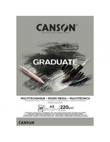Canson Graduate Mix Media Bloc Encolado de 30 Hojas A3 - 220g - Grano Fino - Color Gris
