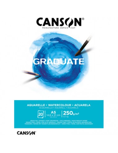 Canson Graduate Acuarela Bloc Encolado de 20 Hojas A5 - 250g - Grano Fino - Color Blanco