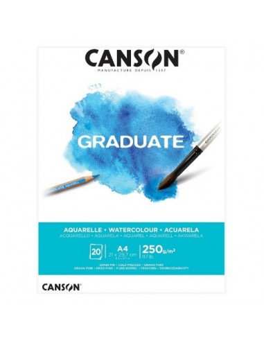 Canson Graduate Acuarela Bloc Encolado de 20 Hojas A4 - 250g - Grano Fino - Color Blanco