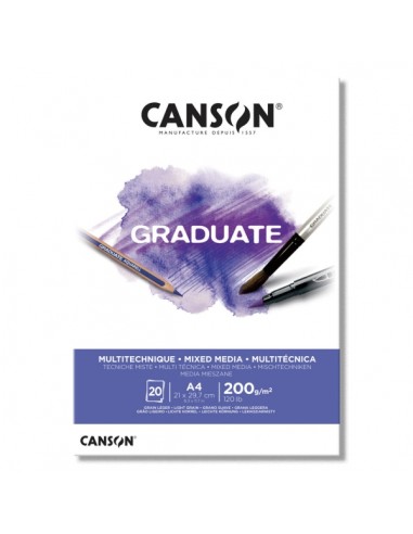 Canson Graduate Mix Media Bloc Encolado de 20 Hojas A4 de 200g - Grano Fino - Color Blanco