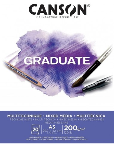 Canson Graduate Mix Media Bloc Encolado de 20 Hojas A3 de 200g - Grano Fino - Color Blanco