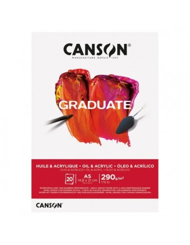 Canson Graduate Oleo & Acrilico Bloc Encolado de 20 Hojas A5 - 290g - Grano Fino - Color Blanco