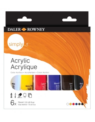 Daler Rowney Simply Pack de 6 Pinturas Acrilicas - Tubos de Plastico - 75ml - Colores Surtidos