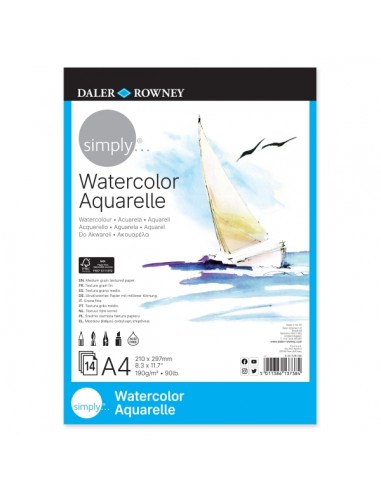 Daler Rowney Simply Bloc Encolado para Acuarela - A4 - 190g - 14 Hojas - Color Blanco