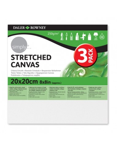 Daler Rowney Simply Pack de 3 Bastidores Entelados- 20x20cm - Imprimacion Triple - Grano Medio - 100-Algodon sin Acido -