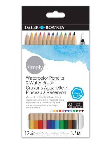 Daler Rowney Simply Pack de 12 Lapices Colores Acuarelables - Incluye Pincel Rellenable - Colores Surtidos