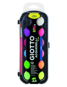 Giotto Fluo Pack de 12 Acuarelas - 1 Pincel Incluido - Diametro Pastilla 30mm - Colores Fluorescentes