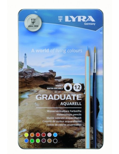 Lyra Graduate Pack de 12 Lapices de Colores Acuarelables con 1 Pincel Incluido - Hexagonal - Estuche de Metal - Colores