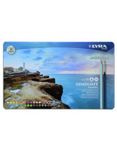 Lyra Graduate Pack de 36 Lapices de Colores Acuarelables con 1 Pincel Incluido - Hexagonal - Estuche de Metal - Colores