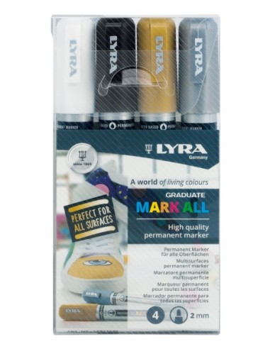 Lyra Mark All Pack de 4 Rotuladores Permanentes - Multisuperficie - Punta Redonda - 2mm - Colores Blanco-Oro y Plata