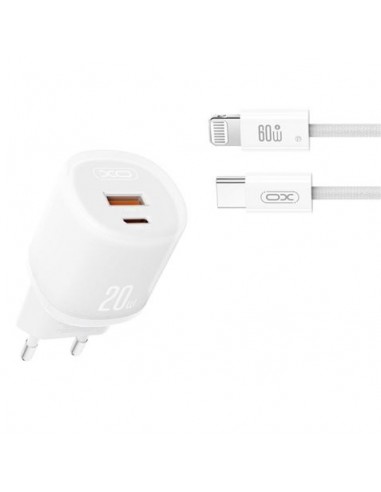 XO L144 Cargador de Corriente 20W - USB-A y USB-C - PD 3.0 - Incluye Cable USB-C a Lightning - Color Blanco