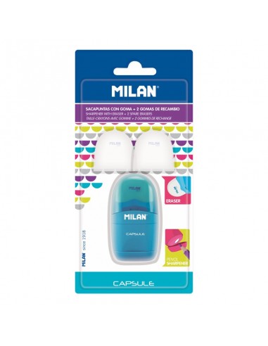 Milan Capsule Blister Afilaborras - Sacapuntas y Goma de Borrar-2 Gomas de Borrar de Recambio - Cuchilla de Acero al