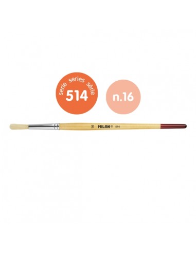 Milan 514 Pack de 6 Pinceles Redondo - Numero 16 - Bolsa con Colgador - Cerda Natural - Mango Corto - Color Madera Claro