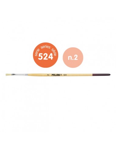 Milan 524 Pack de 12 Pinceles Plano - Numero 2 - Bolsa con Colgador - Cerda Natural - Mango Corto - Color Madera Claro