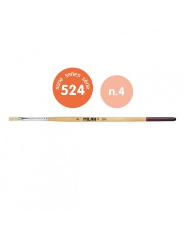 Milan 524 Pack de 12 Pinceles Plano - Numero 4 - Bolsa con Colgador - Cerda Natural - Mango Corto - Color Madera Claro