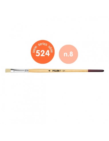 Milan 524 Pack de 12 Pinceles Plano - Numero 6 - Bolsa con Colgador - Cerda Natural - Mango Corto - Color Madera Claro