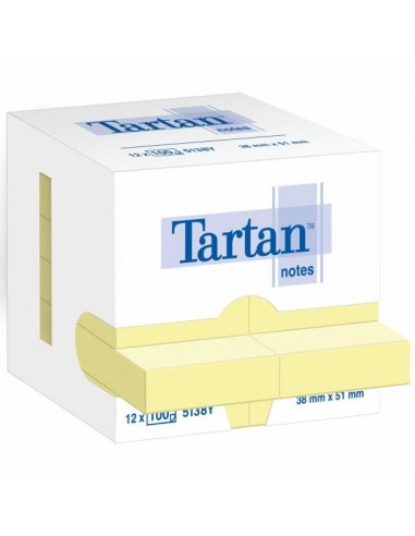 Tartan Pack de 12 Blocs de 100 Notas Adhesivas Reposicionables 51x38mm - 100-PEFC - Color Amarillo Claro