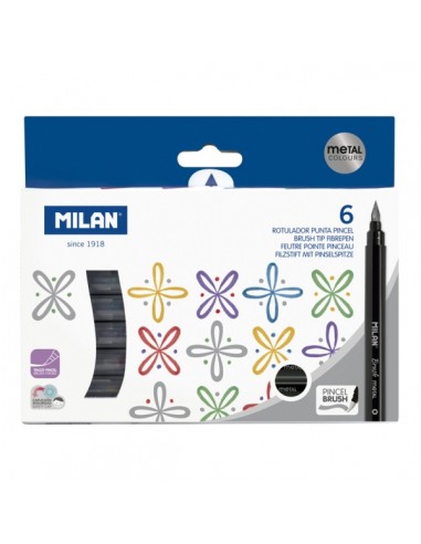 Milan Pack de 6 Rotuladores Punta Pincel Colores Metalizados - Tinta al Agua - Punta de Pincel 0.5 a 6mm - Colores Surtidos