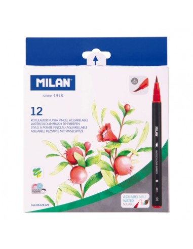 Milan Pack de 12 Rotuladores Acuarelables - Tinta al Agua - Punta de Pincel 0.5 a 6mm - Colores Surtidos