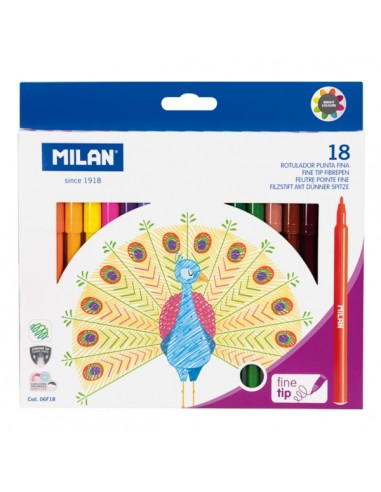 Milan Pack de 18 Rotuladores - Tinta al Agua - Punta Fina 2mm - 154mm - Colores Surtidos
